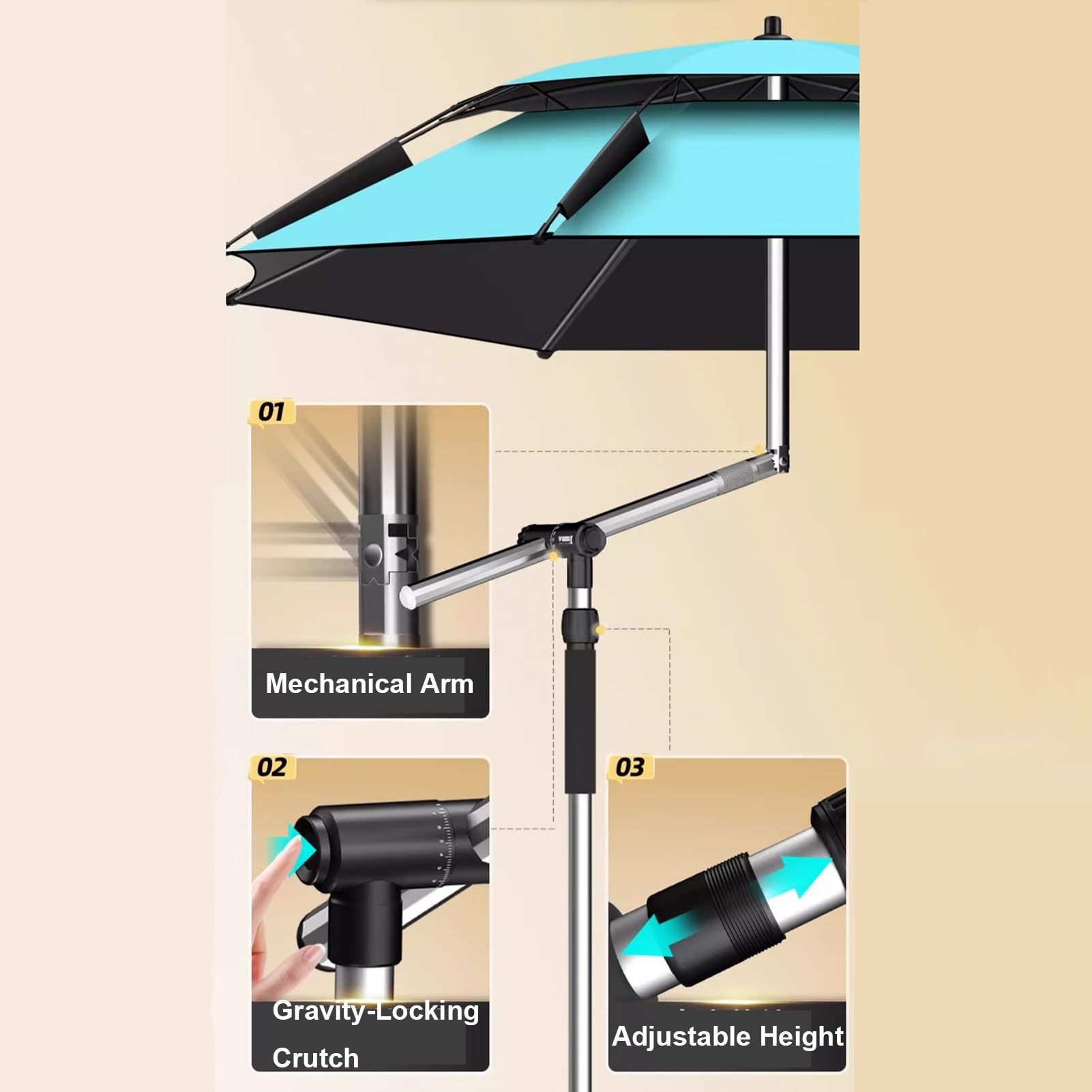 Sombrilla de Playa Antiviento, Sombrilla de Terraza Exterior con Brazo Robótico Ajustable, UPF50+ Parasol para Pesca y Camping al Aire Libre