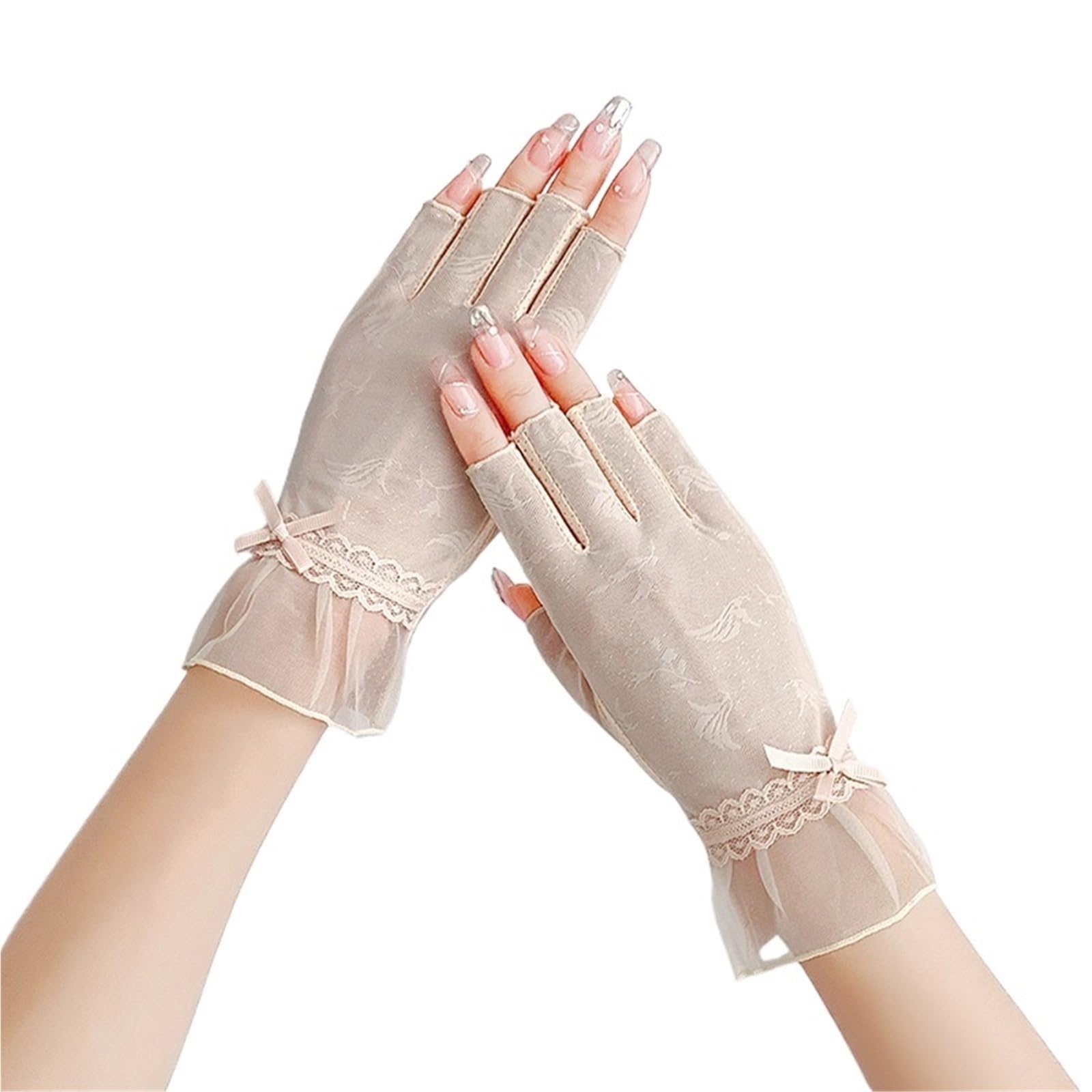 JMORCO Sun Gloves 1 Pair Women Summer Ice Silk Sexy Lace Thin Sunscreen Half Finger Gloves Non Slip Breathable Drive Cycling(Beige)