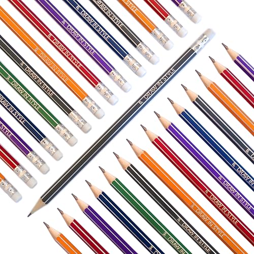 DRAW IN STYLE 30x crayons HB avec gomme - pour dessiner et écrire - pour l'école, le bureau, l'université et la maison - pré-taillés - 6 Couleurs -...