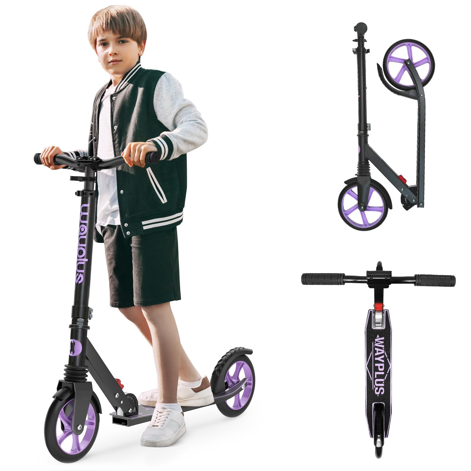 WAYPLUS Scooter for Kids, 4-Level Height Adjustable, Folds in One Second, Lean-to-Steer, 200mm Big Wheels, Holds up to 108kg, 2 Wheels Scooters, Ideal for Ages 6+ (Purple-1)