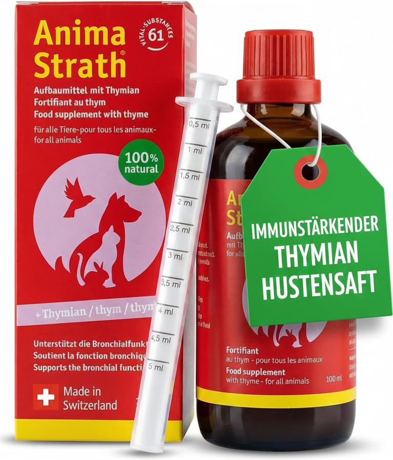 Anima-Strath Thymian – Flüssige Atemweg Unterstützung für Hunde + Katze | Natürliches Hustensaft Tonicum bei Husten & Schnupfen | Stärkt Immunsystem mit 61 Mikronährstoffen & Mineralien
