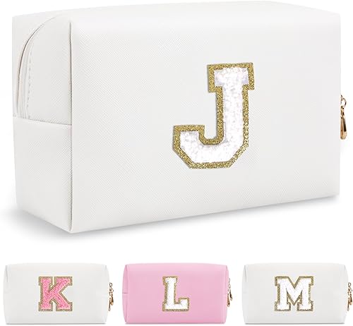 Bolsa de maquillaje personalizada con inicial A-Z, pequeña bolsa de cosméticos de viaje de piel sintética con cremallera, bonita bolsa de aseo