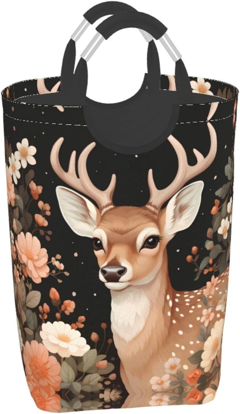 Deer in the flowers Foldable storage bag, 50L capacity, suitable for laundry room, dormitory bedroom, dirty clothes storage basket.