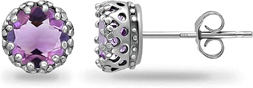 Aretes con pasante de plata esterlina con gema de nacimiento redonda de 6 mm, piedra preciosa genuina e imitación