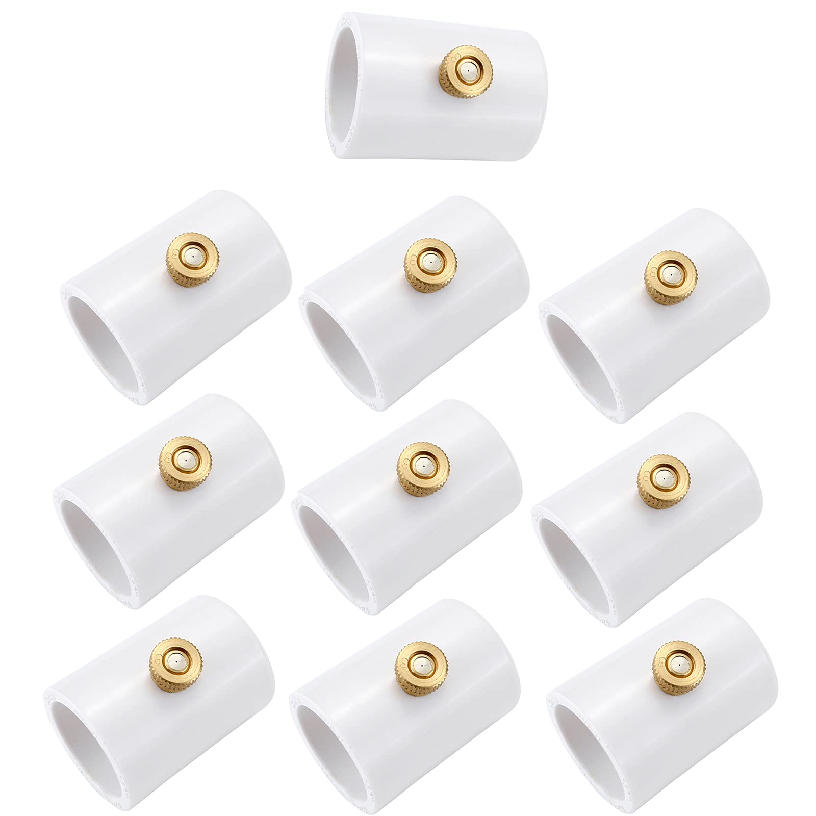 SOHNVWTGD 10 Pack 1/2" PVC Misting Nozzles Coupling with Brass Mist Nozzle Replacement Head for Outdoor Cooling System, Atomizing Sprayer with Steel Atomizing Nozzle 0.016" Orifice