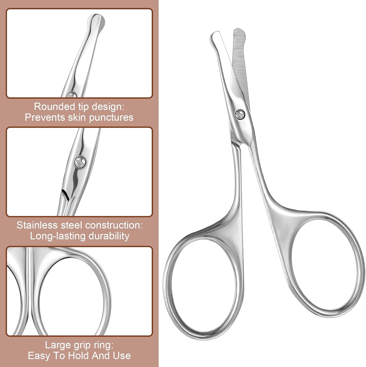 Eyebrow Scissors, Stainless Steel, 3.75", Silver | Round Tip Safe, For Nose Hair, For Pubic Hair, For Eyebrow, Lash, Mustache, Mini Scissors for Women
