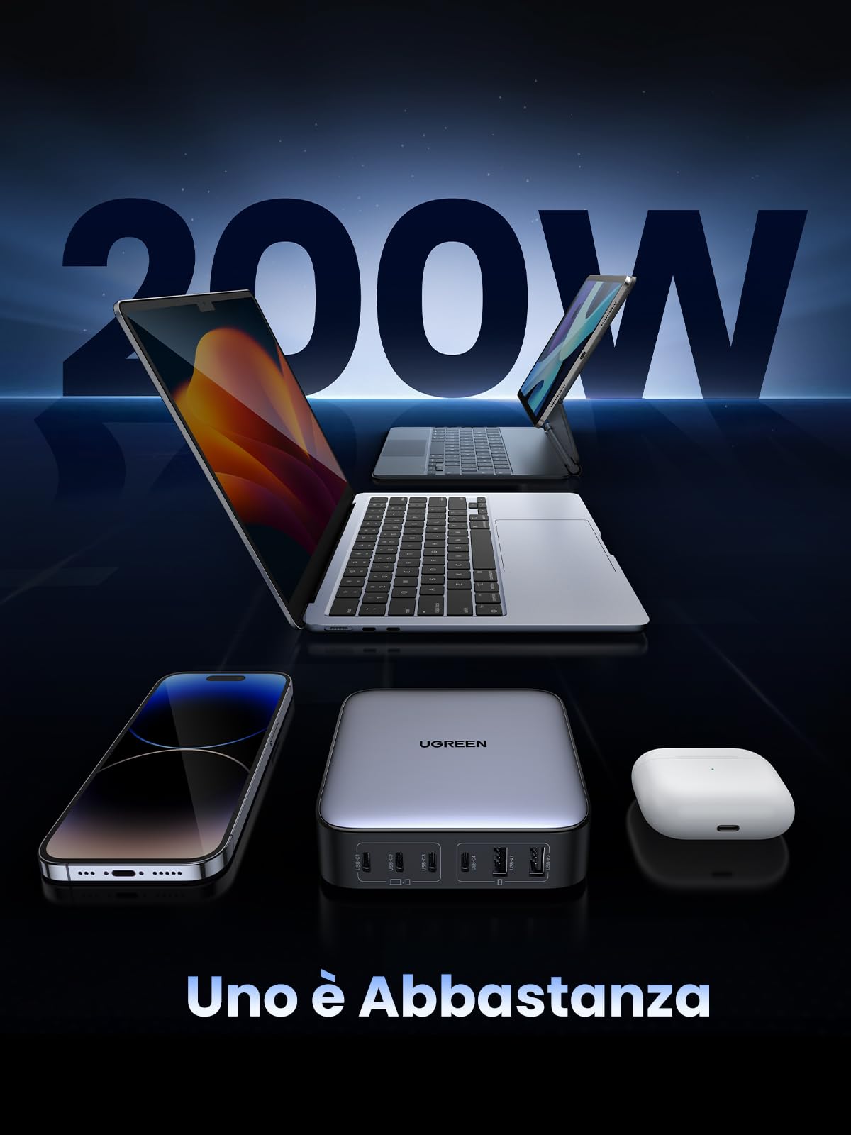 UGREEN Nexode 200 W 6 porte caricatore USB C veloce desktop GaN II compatibile con 100 W 65 W iPhone 16 Plus Pro Max 15 14 13 12 MacBook Pro Air M3 M2 M1 Galaxy S24 Ultra Plus 2M cavo di alimentazione