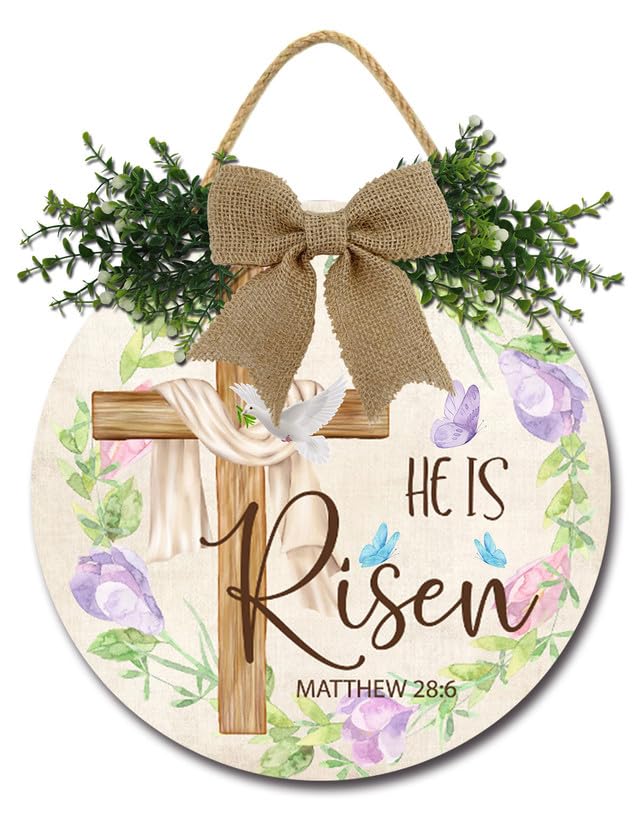 Geroclonup He is Risen Door Sign Easter Wreath Door Sign Round Wood Religious Easter Door Hanging Sign for Home Wall Farmhouse Indoor Outdoor Spring Decorations 28cm