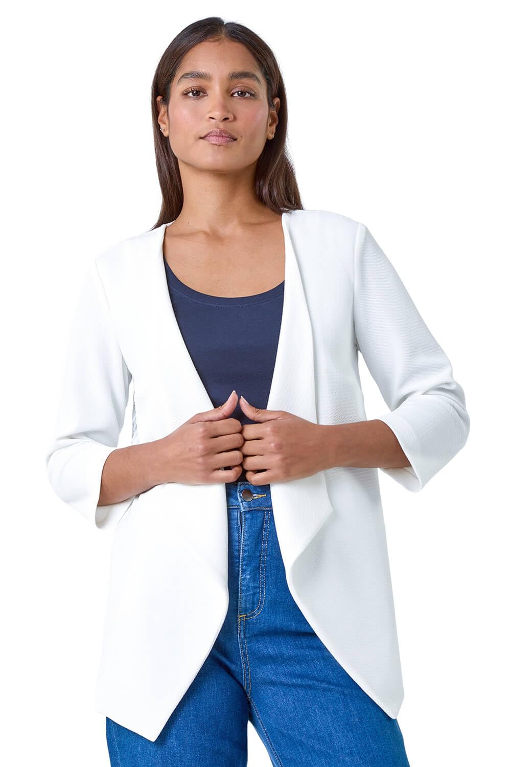 Roman Originals Women's Ivory Roman Lace Back Waterfall Jacket For Uk - Spring Everyday Summer Holiday Open Front Comfy 3/4 Sleeve Soft Longline Fit Dinner Date Office Jackets - Size 12
