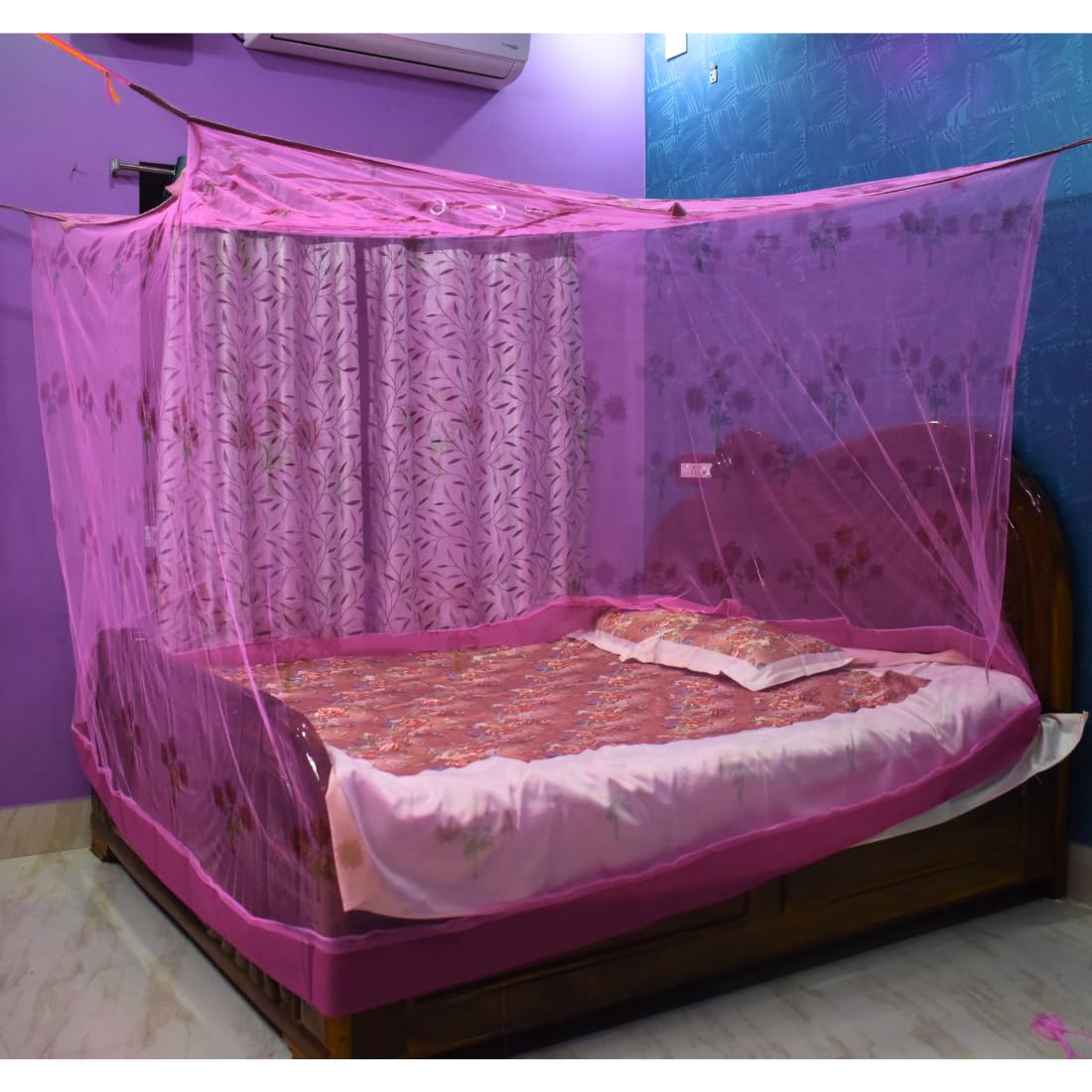Flower Printed Mosquito Net � Stylish Polycotton with Pink Bottom (6 Ft Width x 7 Ft Length) Mosquito Net (Pink, Queen Size Bed)-picture-23