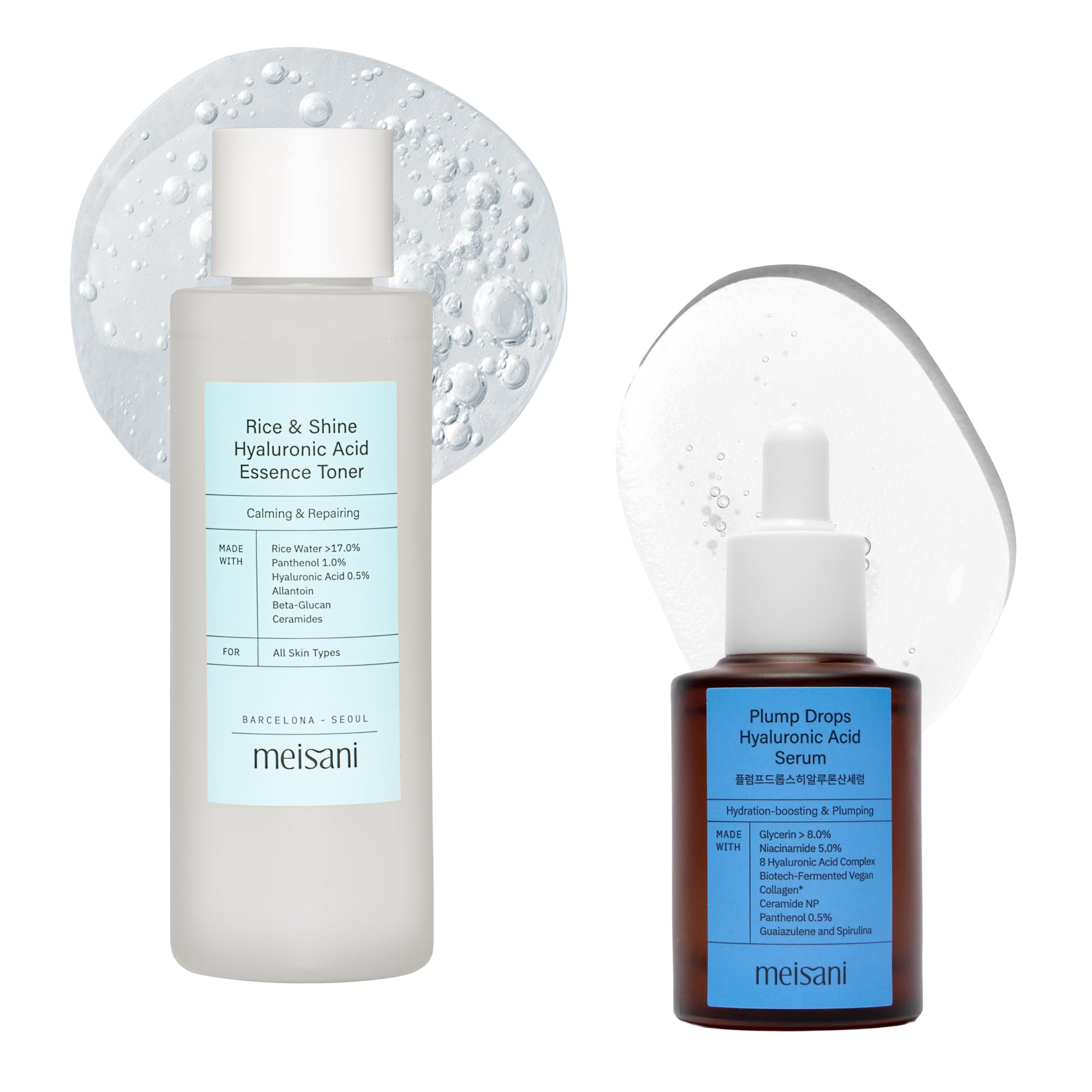 Meisani Pack Hidratación Esencial: Rice & Shine Essence Toner y Plump Drops Hyaluronic Acid Serum