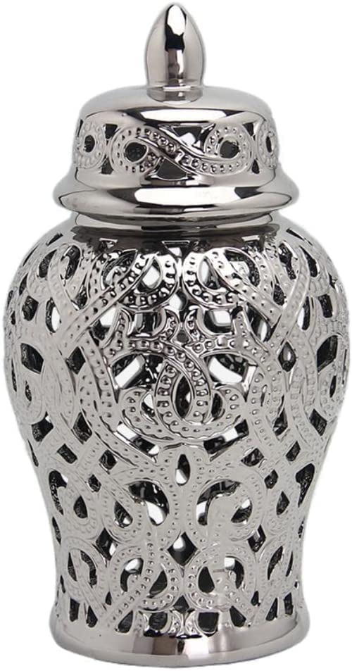 Tophacker Ginger Jar Storage Bottle Ceramic Flower Vase with Lid Decorative Porcelain Home Décor Luxury Collection Ornaments Centerpieces Kitchen Desk Party Gift (Color : Silver)