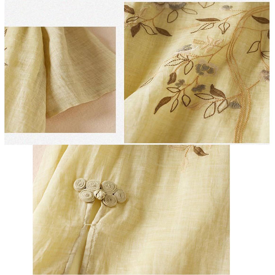 Vestido Largo de Lino y algodón con Bordado Floral para Mujer, vestidoes Fluido de Verano con Media Manga y Cuello Redondo, Vestido Bohemio de Lino y algodón, Manga Larga para invitada de Boda.