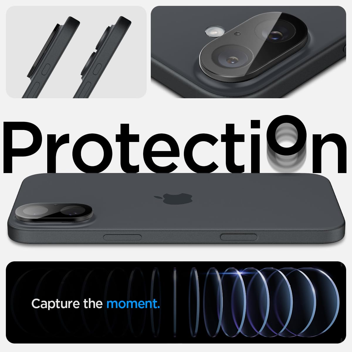 Spigen Glas.tR Optik Protector de Cámara para iPhone 16, iPhone 16 Plus, 2 Unidades, Negro, Instalación Fácil, Dureza 9H, Anti-Arañazos