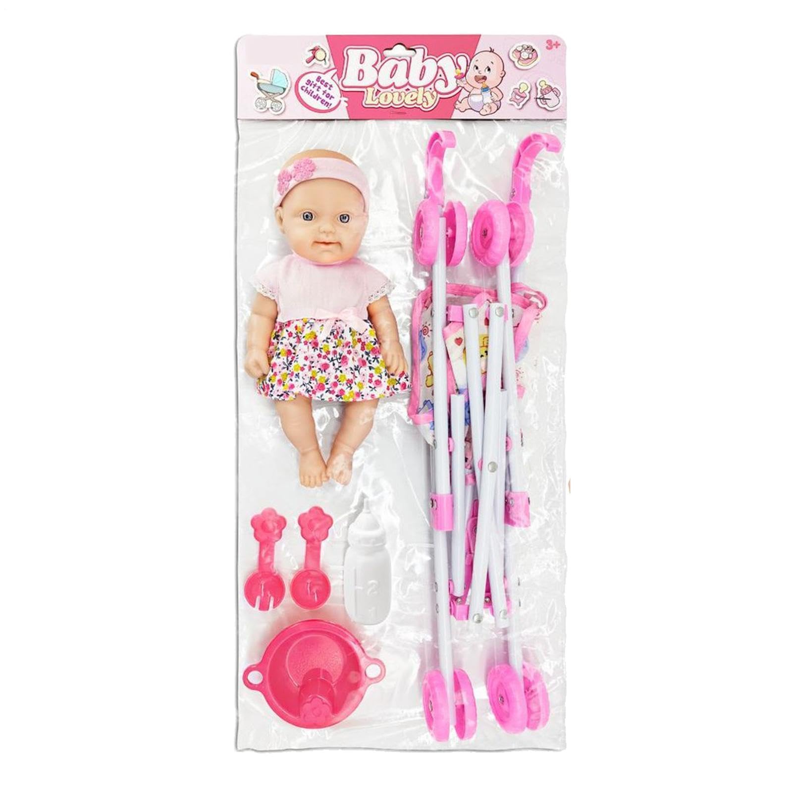 Doll Stroller - 10 Inch Play Doll, Pushchair Pretend Set, Compact Pram Toy,