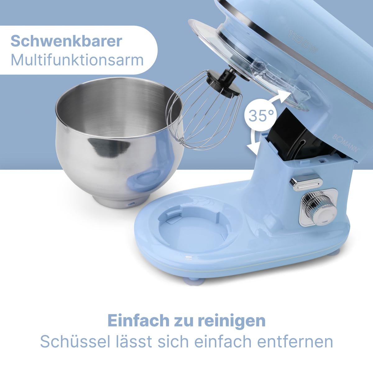 Bomann® Küchenmaschine 1100 Watt | Knetmaschine 5L | inkl. Knethaken, Rührhaken und Schneebsen | für bis zu 3 kg Teig | robustes Spezialgetriebe | Food Processor | Teigmaschine KM 6030 CB blau