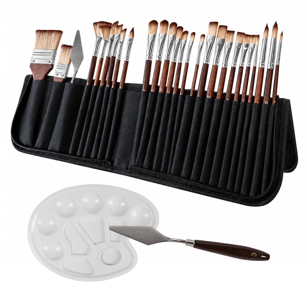 27 Pcs Professional Artist Paint Brush Set, Foldable Canvas Storage Bag | acrylic paint b…