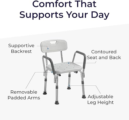 Miniatura 4 de Silla de ducha Drive Medical con respaldo y brazos acolchados - Asiento de baño ajustable para seguridad y comodidad - Construcción ligera de