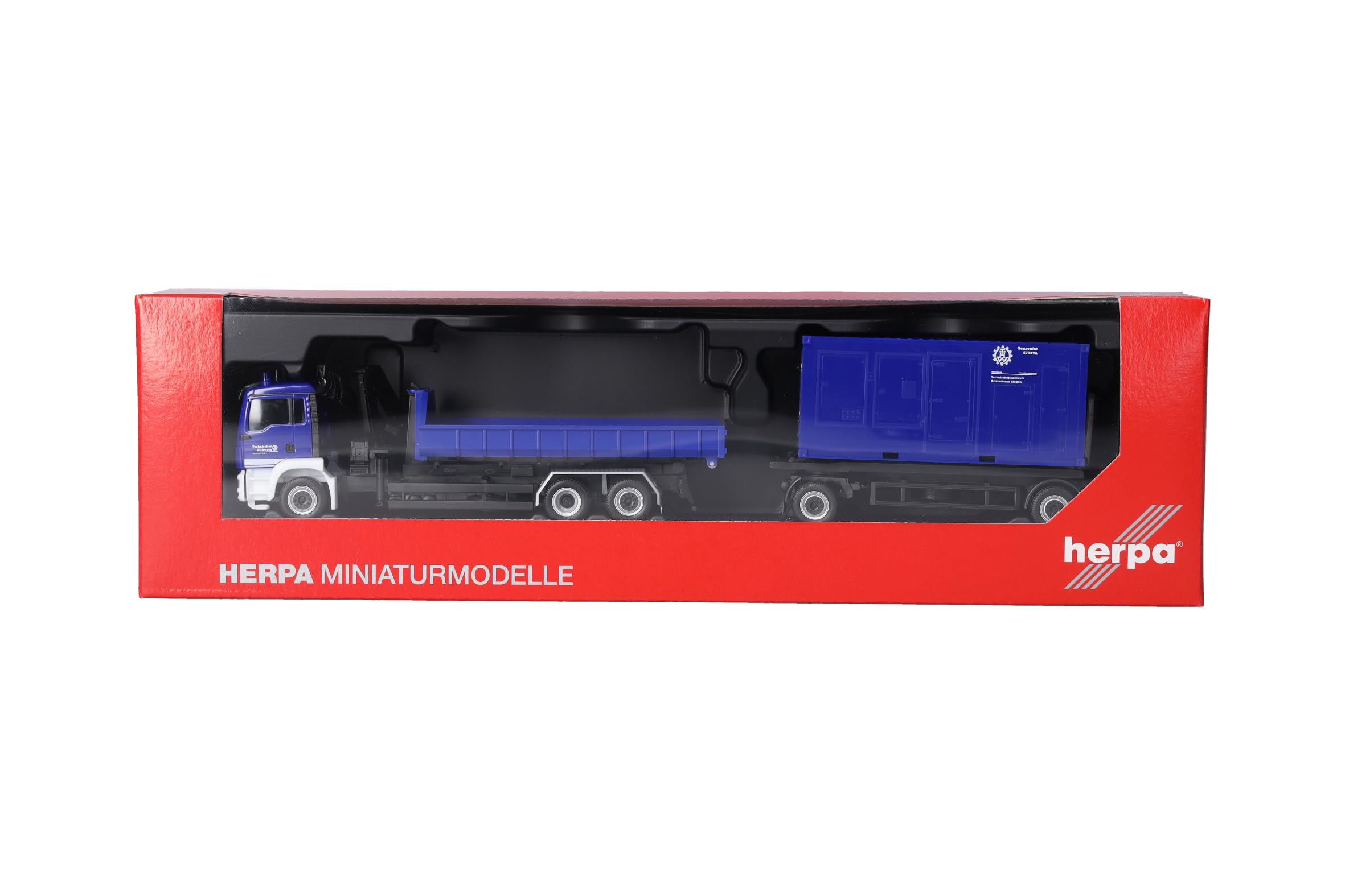 Herpa LKW Modell MAN TGS M Wechsellader-LKW mit Anhänger „THW Singen“ (Baden-Württemberg/Singen), Miniatur im Maßstab 1:87, Sammlerstück, Made in Germany, Kunststoff