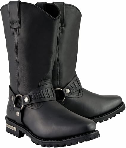 Milwaukee Leather Botas de motocicleta estilo occidental de cuero negro clásico con arnés para hombre de 11 pulgadas MBM9015