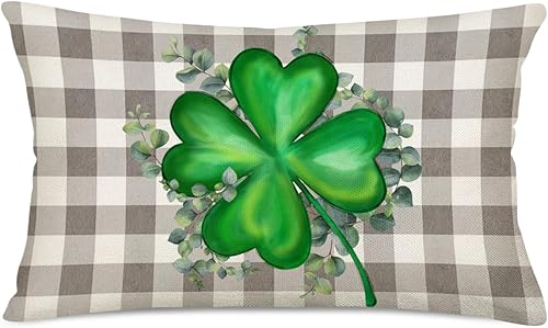 Smilyard Fundas de almohada lumbar del Día de San Patricio de 12 x 20 pulgadas, diseño de búfalo gris, tréboles verdes, trébol de la suerte,