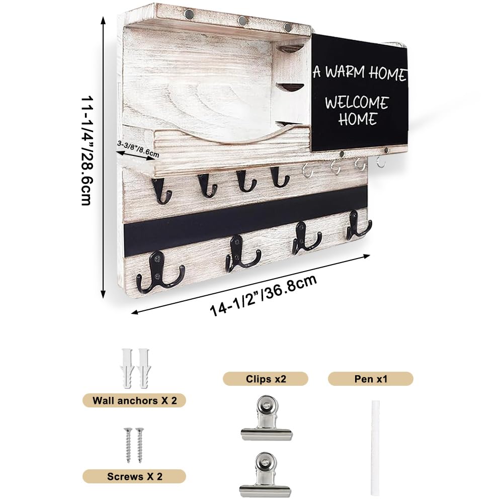 Porte-Courrier Mural et Porte-Clés avec 12 Crochets pour Clés, Plaque à Clés Murale Avec Étagère et Tableau à Craie, Rangement Pour Clés et Lettres pour Entrée, Couloir, Blanc