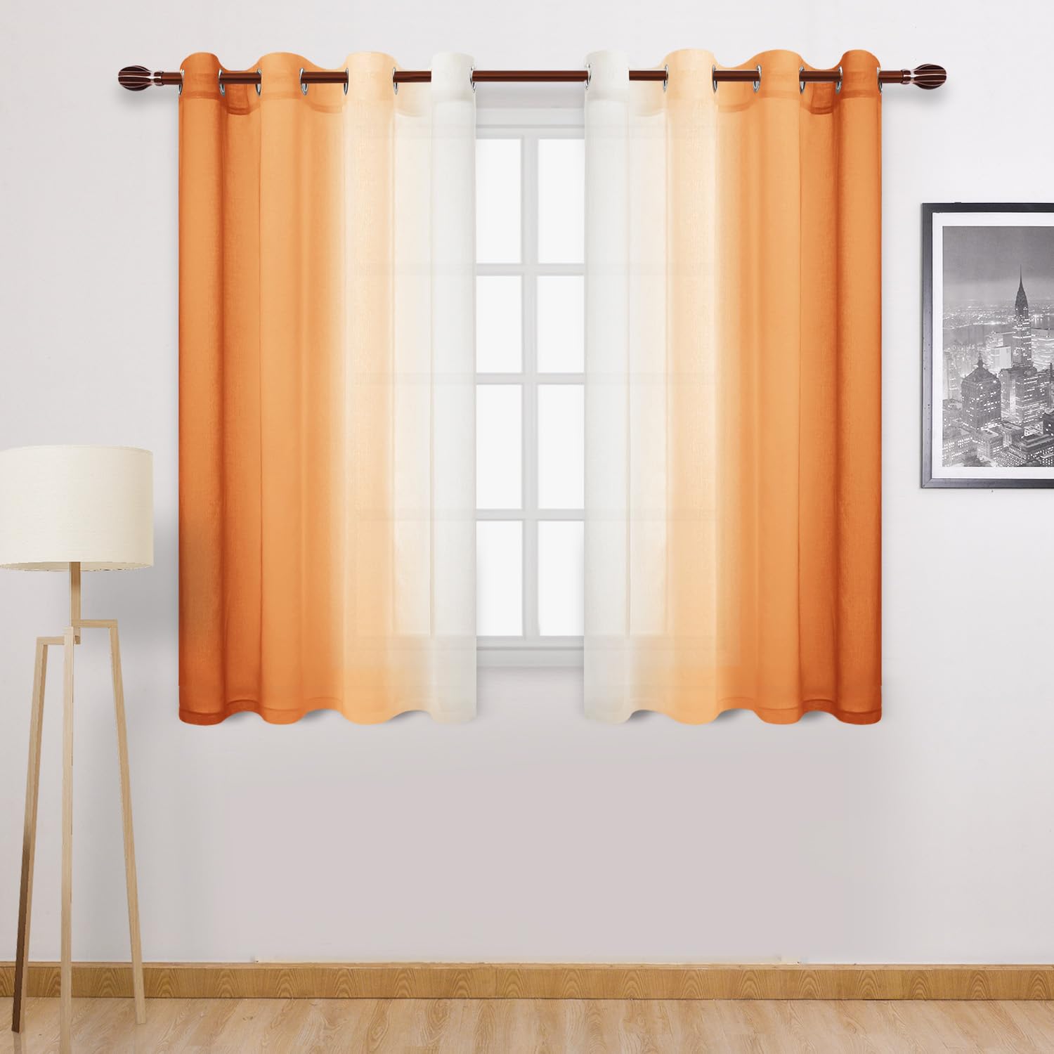 DWCN Faux Linen Ombre Sheer Curtains - Autumn Short Curtains Gradient Semi Voile Curtains for Kitchen and Living Room, Set of 2 Grommet Top Window Curtain Panels, W52 x L54 Inches, Sunset Orange