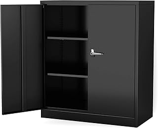 STEELCUBE Metal Storage Cabinet, Storage Cabinet with 2 Adjustable Shelves, Steel Counter Cabinet with Lockable Doors for ...