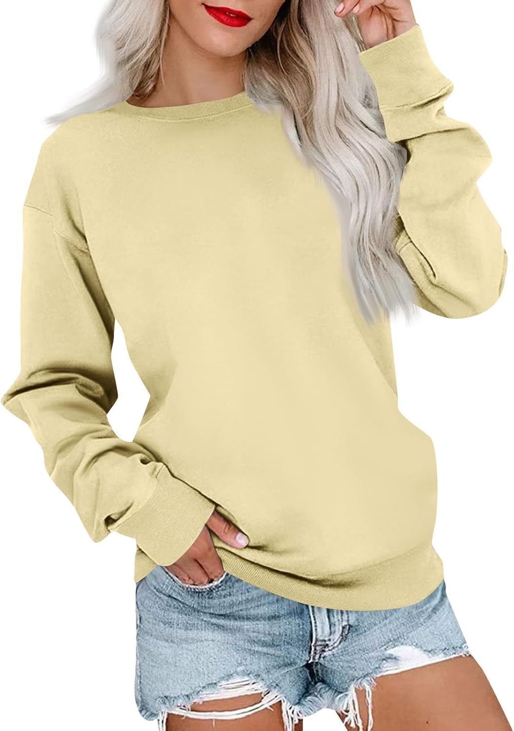 Women's Sweatshirt, Crew Neck Long Sleeve Solid Color Shirts Soft Loose Pullover Tops Spring Fall Clothes 2026, S-3XL