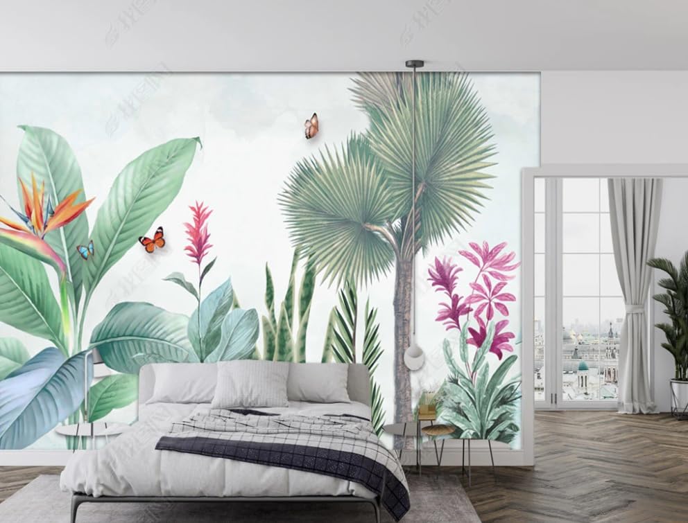 Papier peint intissé tropical pour masquer un mur abîmé de salon