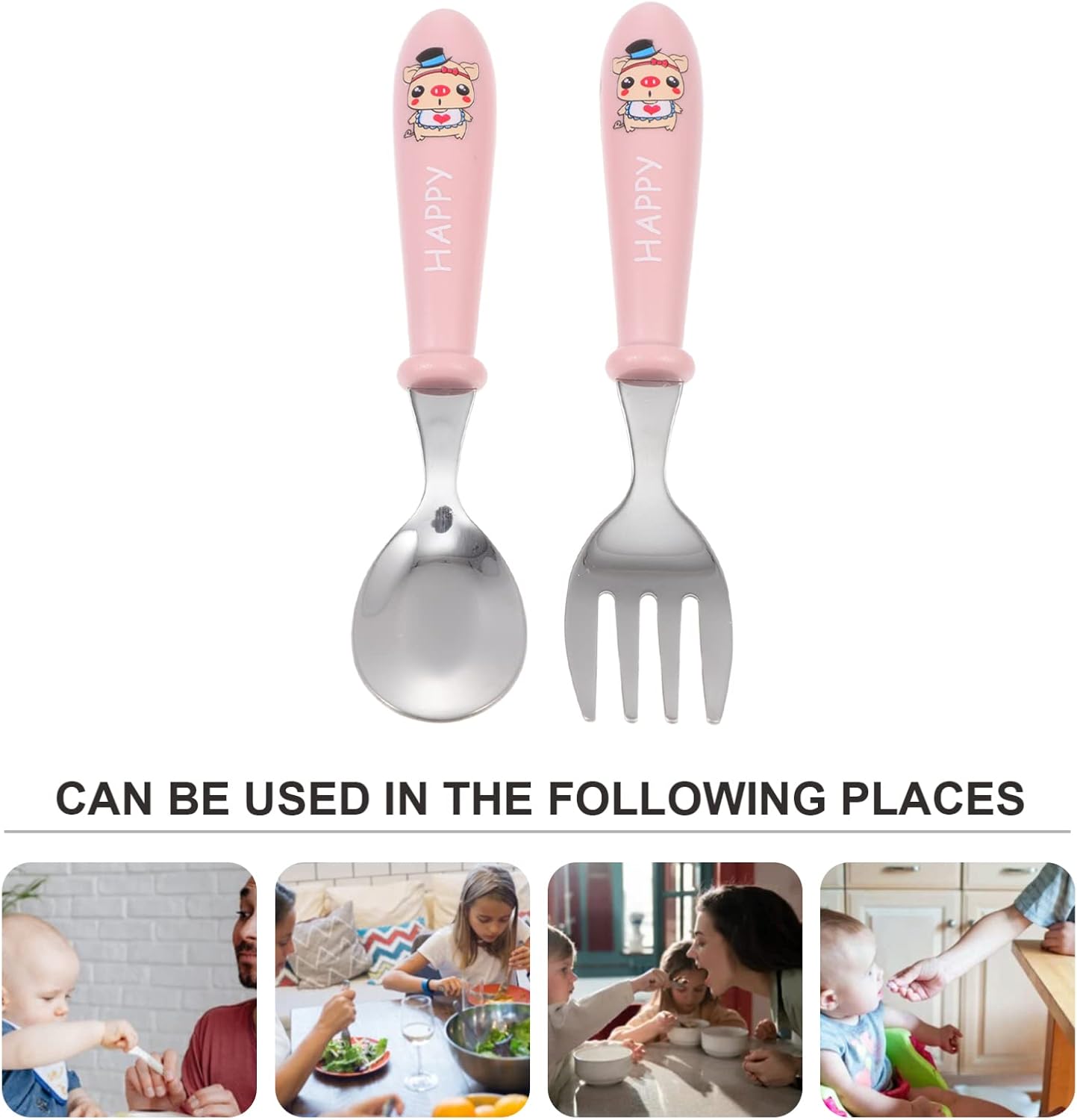 1Set Portable Stainless Steel Cutlery Spoon Fork for Eating Comfortable Handle Cartoon Design