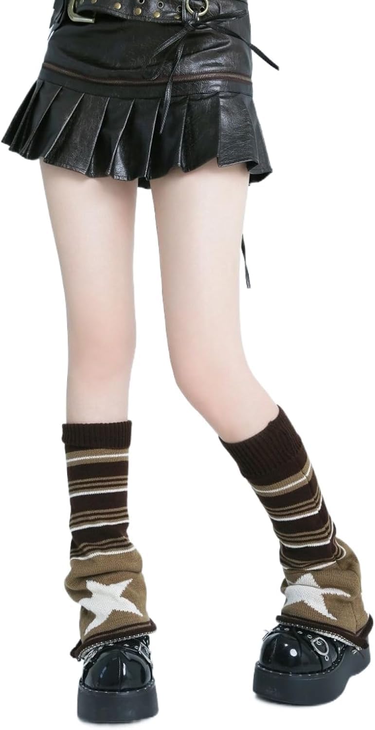 Harajuku Leg Warmers Y2k Two Side Wear Star Knitted Striped Goth Leg Warmers Streetwear Kawaii Lolita Socks