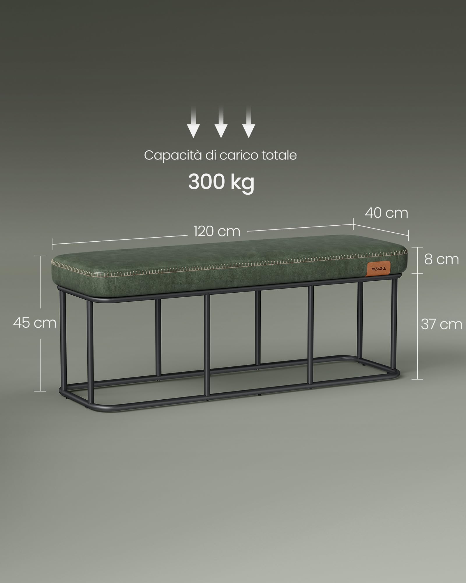 VASAGLE EKHO Collezione - Panca da Ingresso Camera da Letto, PU con Cuciture, Struttura in Acciaio, Soggiorno Sala da Pranzo, Moderno di Metà Secolo, Portata di 300 kg, Verde Foresta LOM073C01