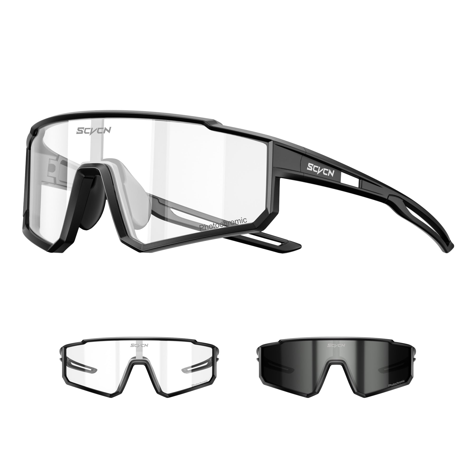 SCVCN Occhiali da ciclismo da uomo e donna, occhiali da bici avvolgenti da 31,6 g con lenti colorate o fotocromatiche e naselli fissi antiscivolo, protezione UV400 per strada, MTB, gravel e tragitto q