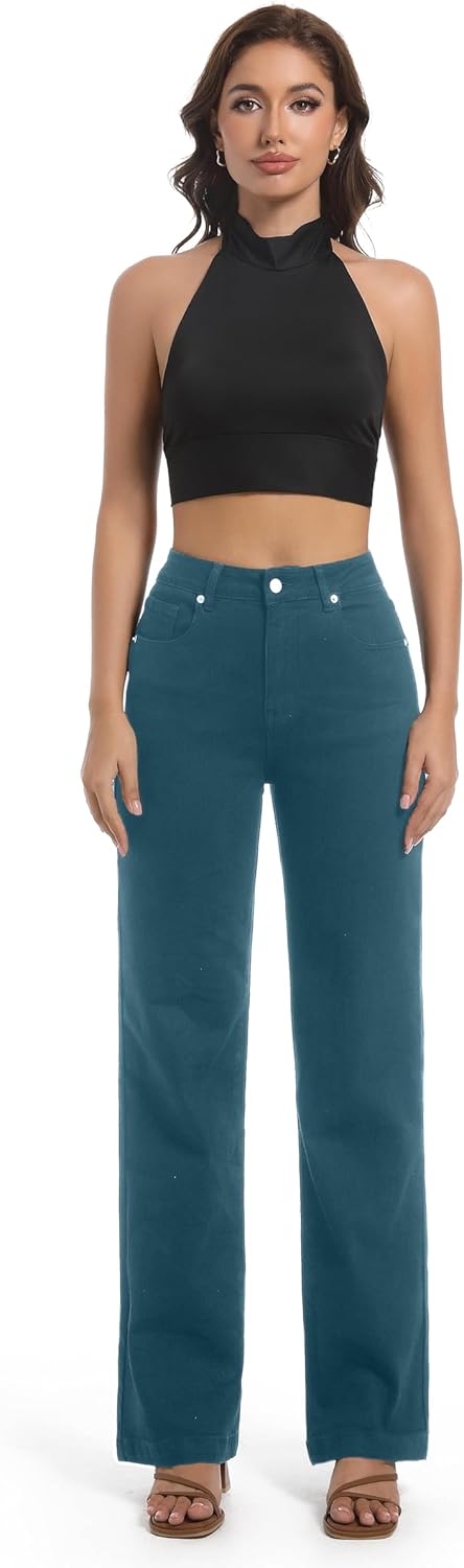 Guaile Women’s Jeans High Waisted Straight Leg Stretchy Jeans Trendy Wide Leg Tummy Control Loose Casual Denim Pants