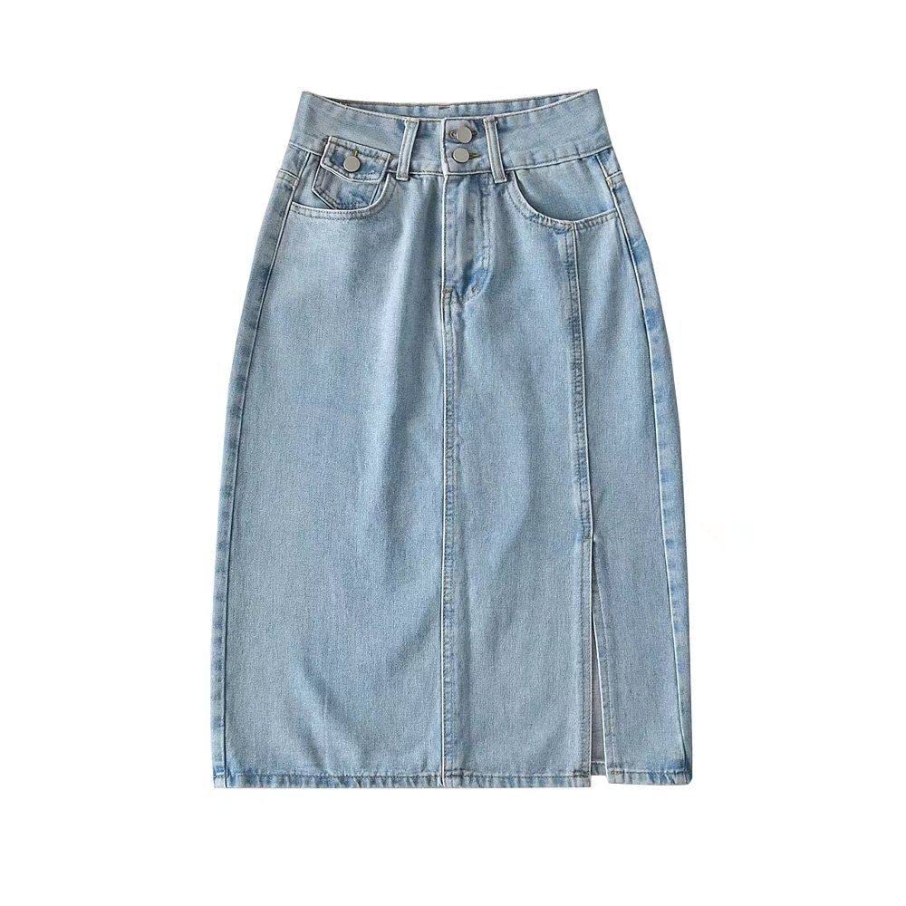 Röcke,Damen-Midirock Blau High Waist Slit Pack Hip Denim Rock Mode Knopf Reißverschluss Mit Tasche A-Linie Lässig Knielang Lange Röcke Für Mädchen Damen,S