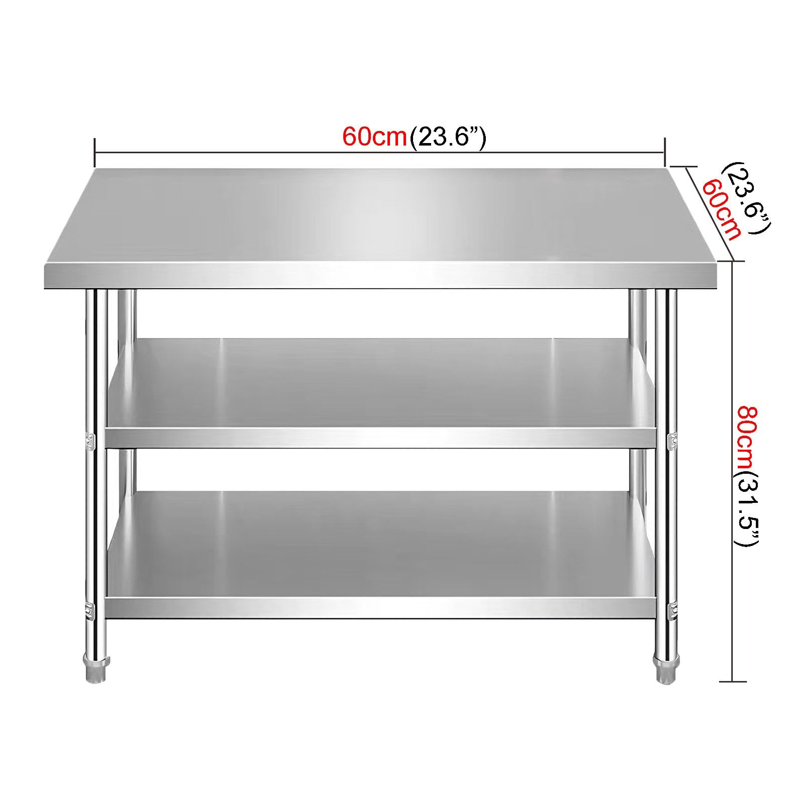 Banco de trabajo de cocina de acero inoxidable, mesa de preparación multifuncional con estante de almacenamiento de tres niveles y patas ajustables, ideal para cocinar y preparar alimentos