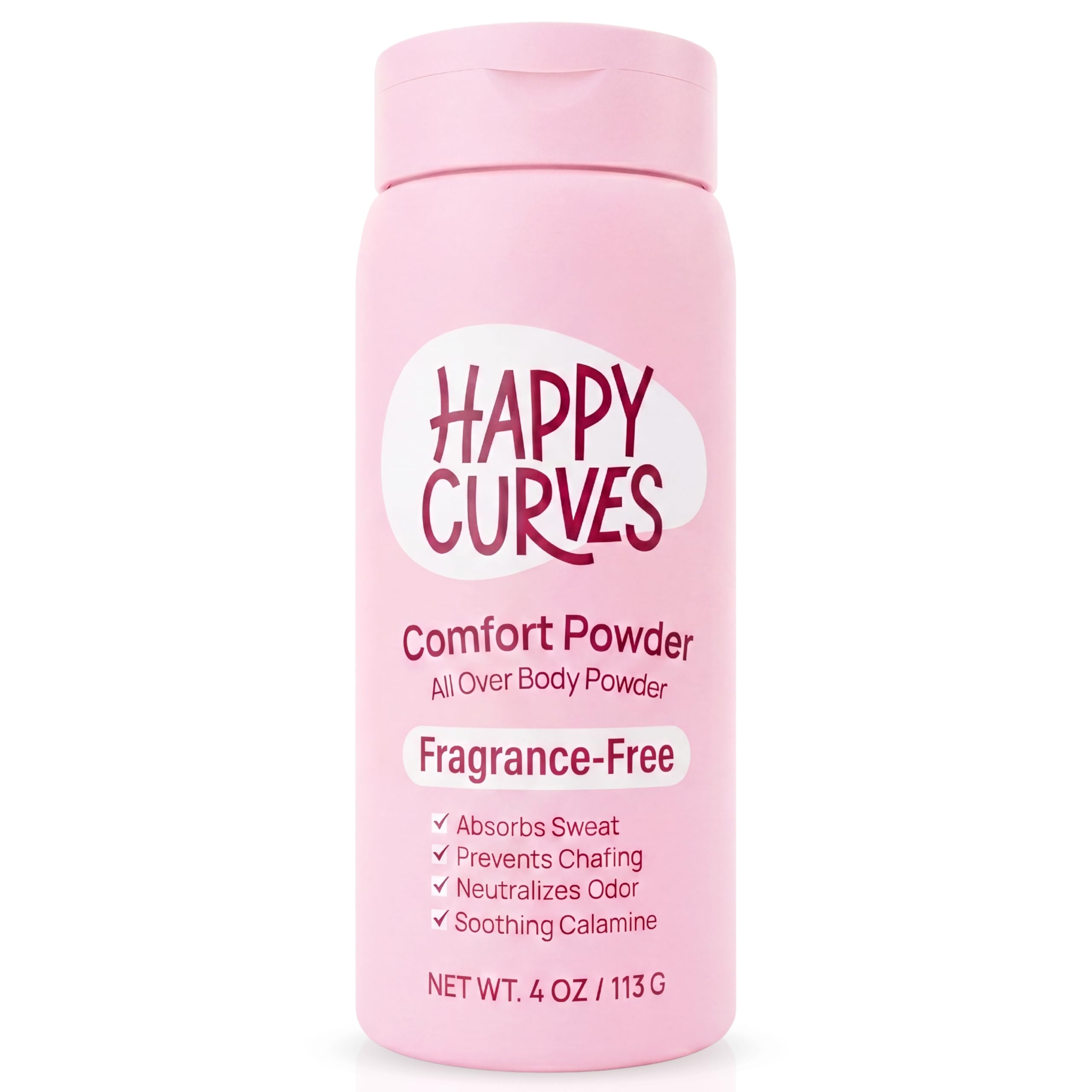 HAPPY CURVES Comfort Powder: Talc Free Anti Chafe Body & Foot Dusting Powder Deodorant to Control Inner Thigh Chafing, Private Areas, and All Over Body for Women (4 Ounce (Pack of 1), Fragrance-Free)