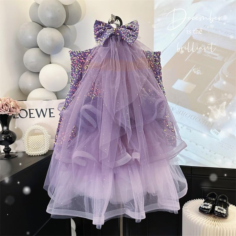 Girls Princess Long Sleeves Purple Cake Dress Lolita Tutu Dress Christmas Dress Birthday Gift with Bowknot Headpiece4