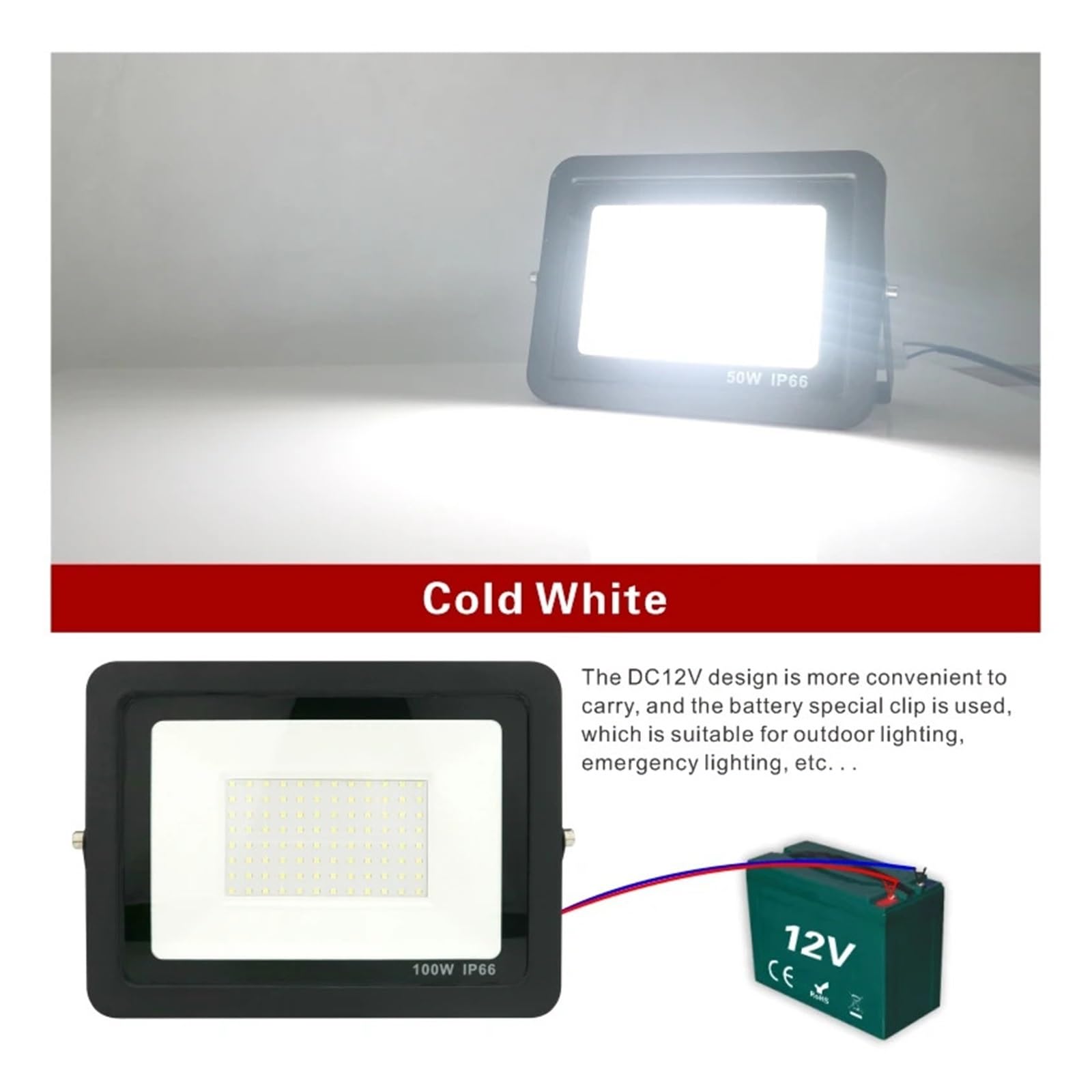 Luci da giardino DC12V Led Flood Light 20W 30W 50W 100W Proiettore for esterni Faretto IP66 Riflettore di luce impermeabile Luci LED portatili da 12 Volt Uplight per esterni(100W)