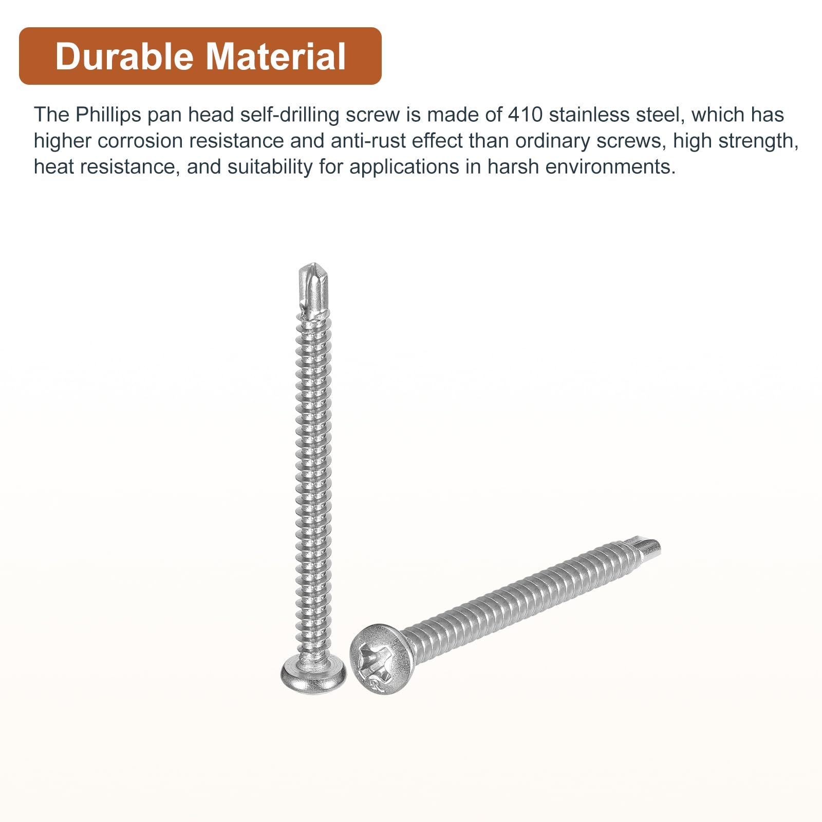 DTGN #8x2" Pan Head Self Drilling Screws - 100Pack - 410 Stainless Steel Phillips Drive Self Tapping Sheet Metal Screws - Image 3