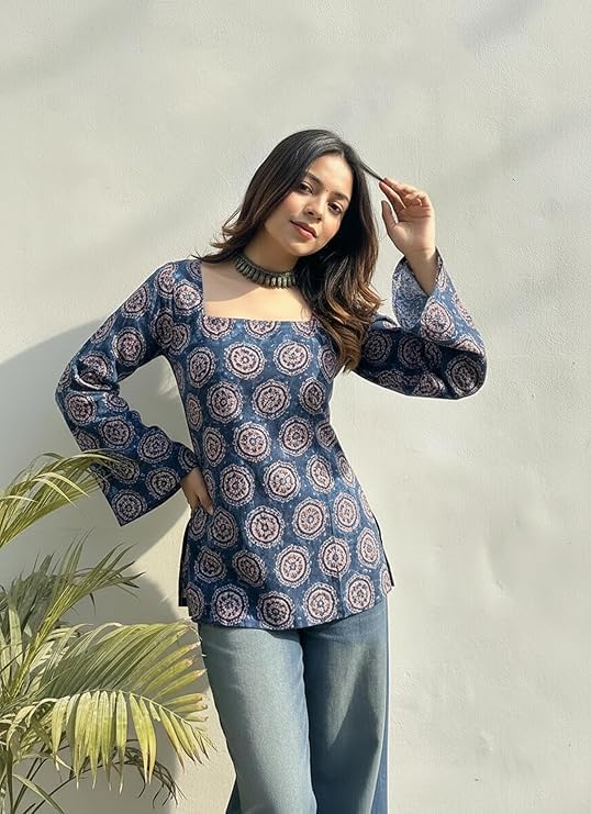 Image of ANNI Designer Women's Viscose Blend Printed Short Kurti | Straight Fit Casual Ethnic Top | Square Neck 3 /4 Sleeve Kurta Office College