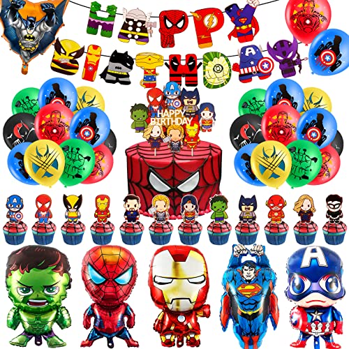 Decoração de aniversário Avengers, 40 peças suprimentos para festa de aniversário temática 6 balões de alumínio faixa de aniversário, decoração de festa para meninos e meninas