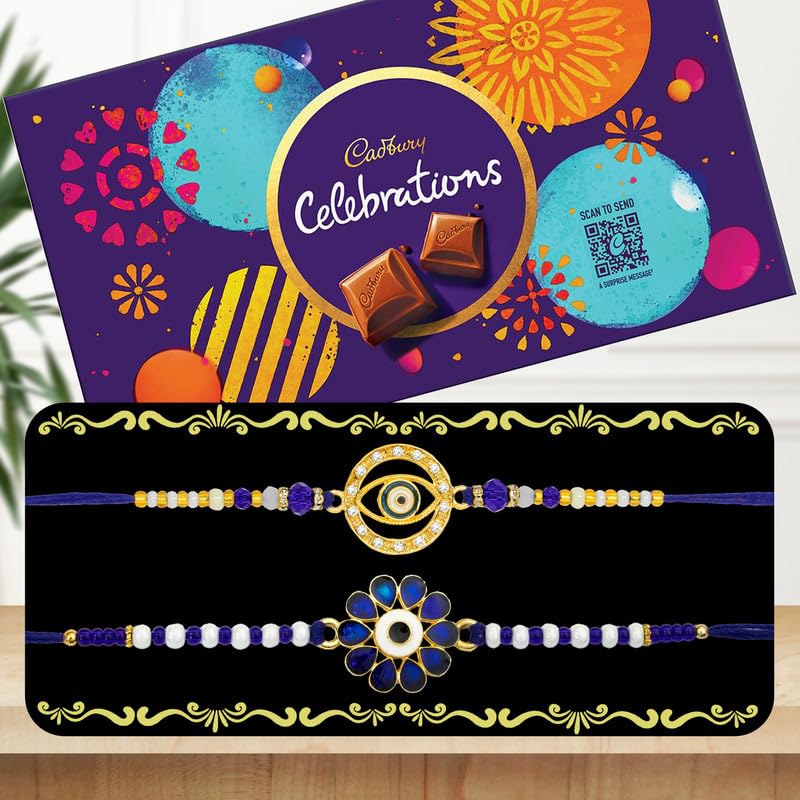 Image of Canton Rakhi Combo Gift Hamper Pack of 2 Rakhi For Brother With Chocolate, Rakhi With Cadbury, Greeting Card & Roli Tilak (Design-10, 2 Rakhi With Celebration)