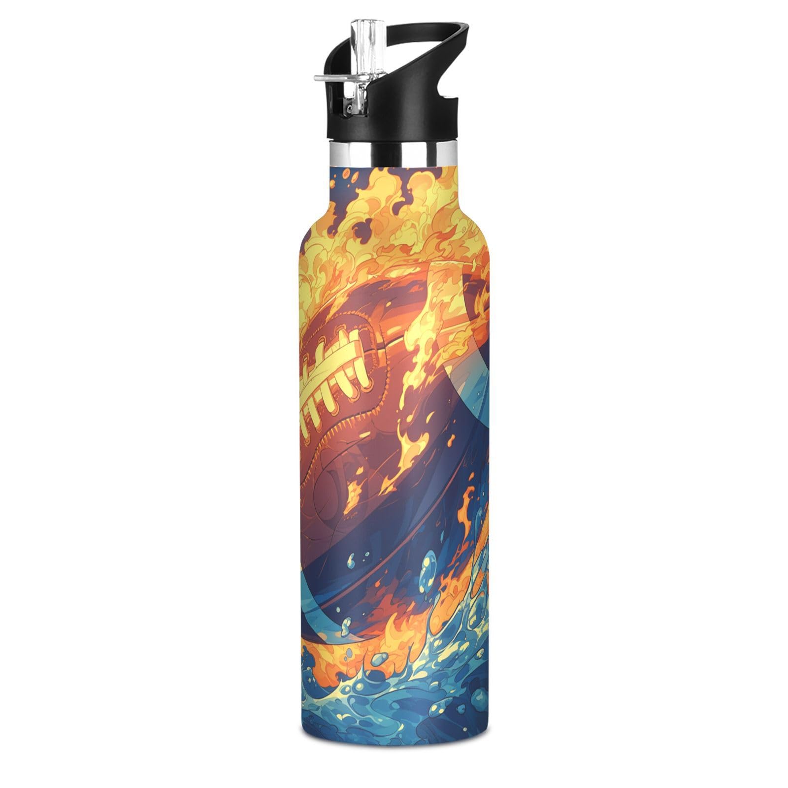 Kaaviyo Boys Pattern Flaming Football Fiery Blue Water Bottle Stainless Steel Jug Insulated Vacuum Cup For Girls(600Ml)