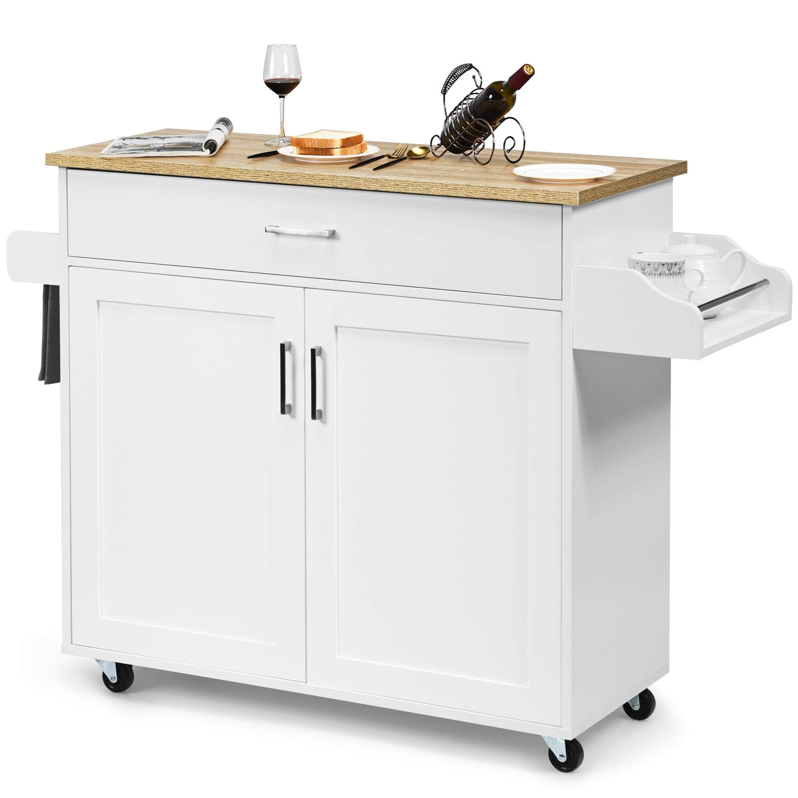 GiantexUK Kitchen Island Cart, Rolling Storage Serving Trolley with Large Drawer, Adjustable Shelf and Towel Rack, Utility Storage Cabinet Unit for Dining Room (White, 116 x 40 x 85 cm)