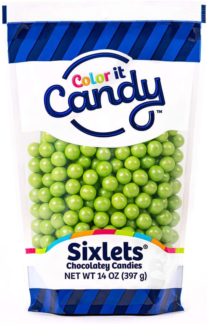 Color It Candy Shimmer Lime Green Sixlets 14 Oz Stand Up Bag - Perfect For Table Centerpieces, Weddings, Birthdays, Candy Buffets, & Party Favors.
