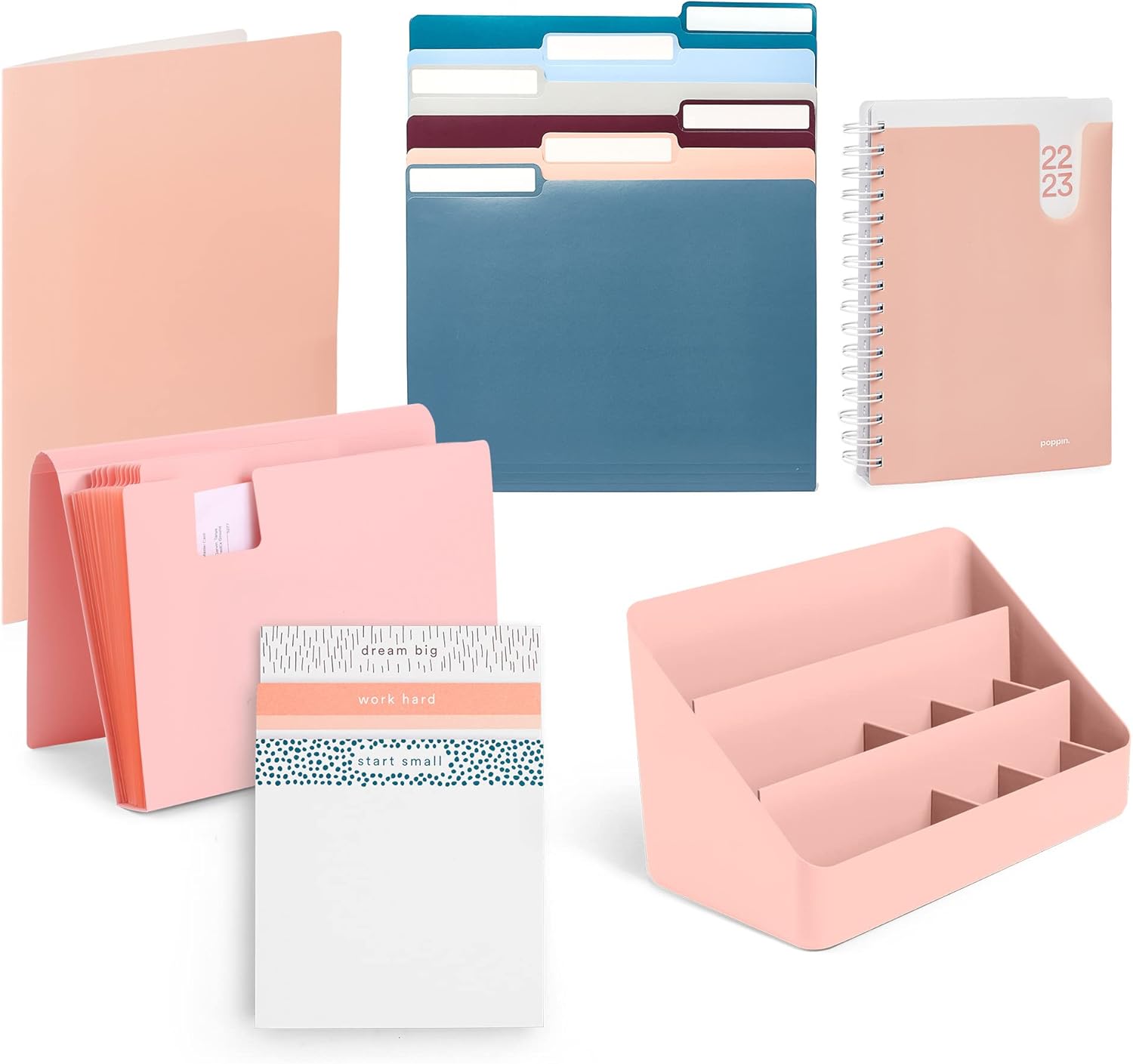 Poppin Get Your Desk Set Blush, 2Pocket Poly Folder, 13Pocket Accordion File