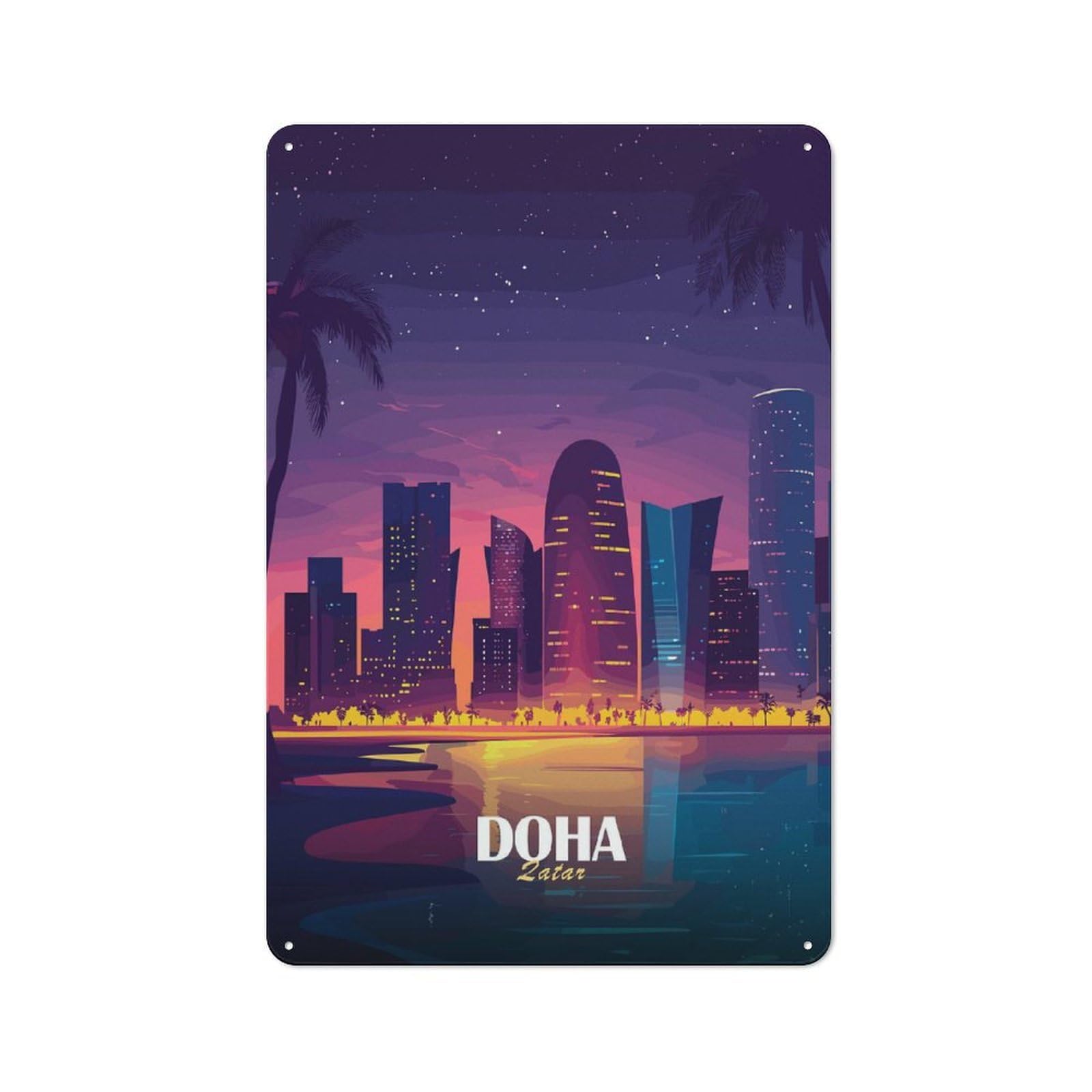 Junmoney Style-21 Doha Qatar Skyline At Night Everyday Metal Wall Decor 30X20cm, Vintage Metal Sign For Hallway, Home Bar, Garage Or Study