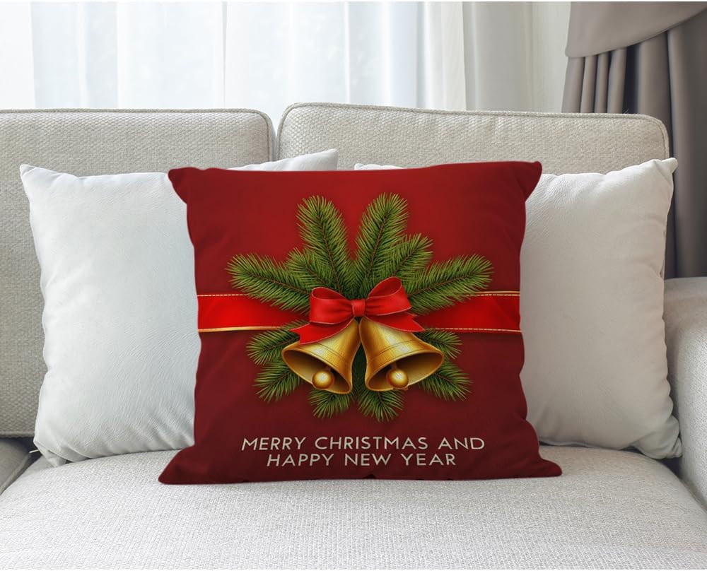 Moslion Bell Pillows Decorative Throw Pillow Cover Christmas Jingle Bells Mistletoe Tree Leaves Pillow Case 18x18 Inch Cotton Linen Canvas Happy Father's Day Square Cushion Cover Sofa Bed Red image 4